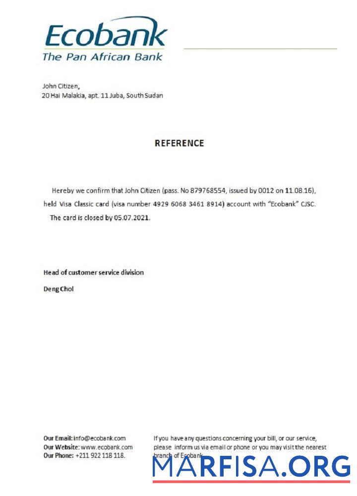 Printable South Sudan Ecobank closure reference real example